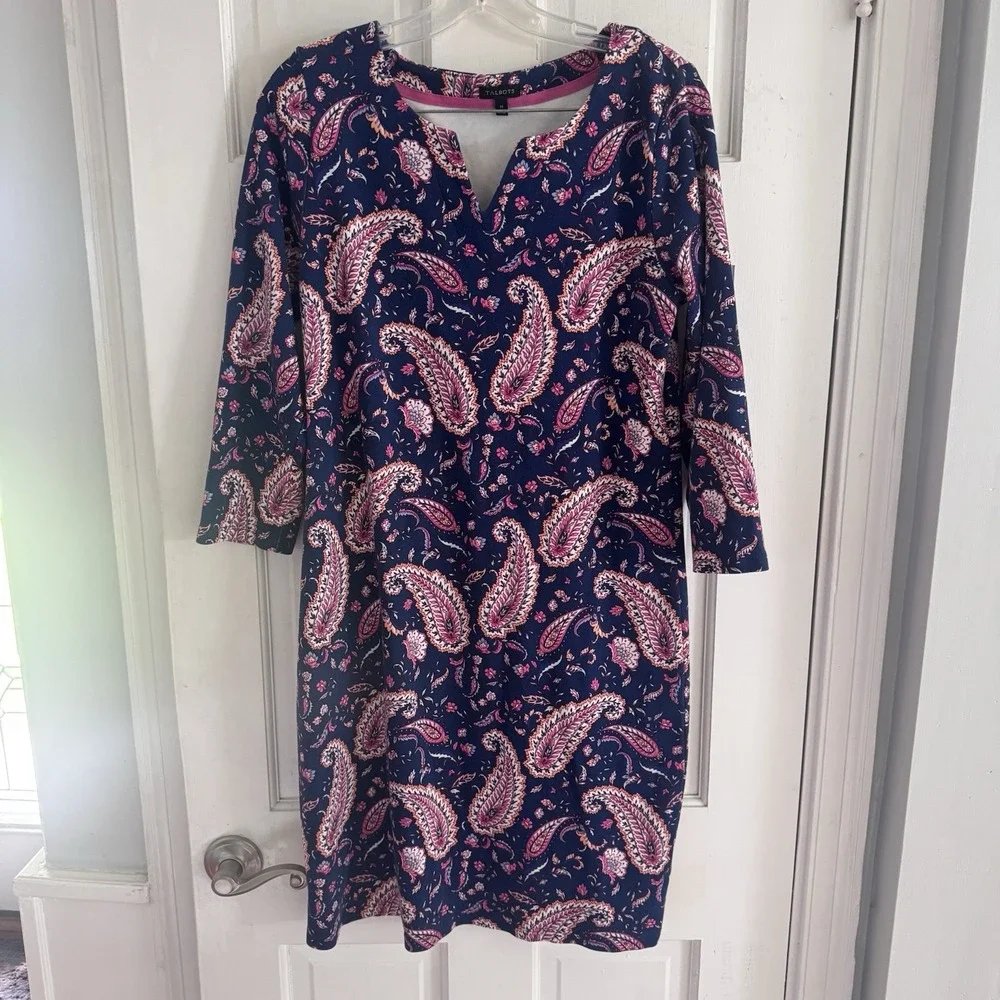 Talbots Dress Women's Sz‎ M Blue Pink Paisley Split Neck 3/4 Sleeve Lounge